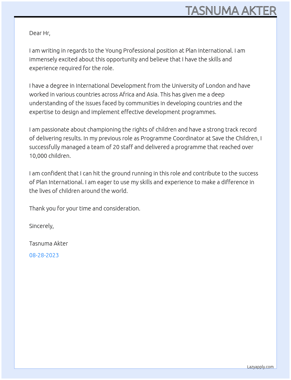 Young Professional At Plan International Cover Letter