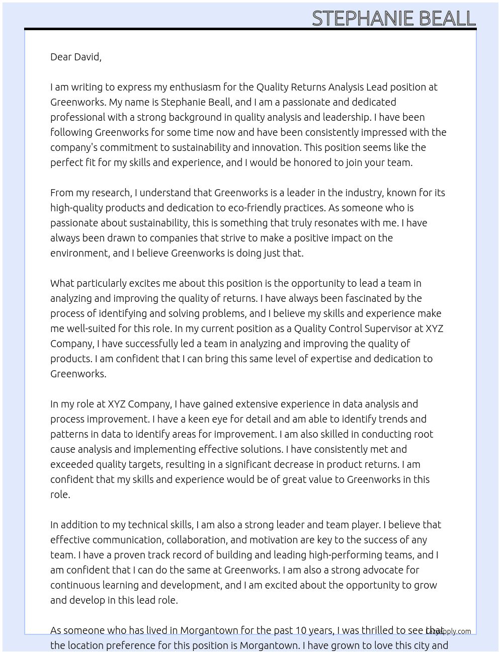 Quality returns analysis lead  At Greenworks  Cover Letter
