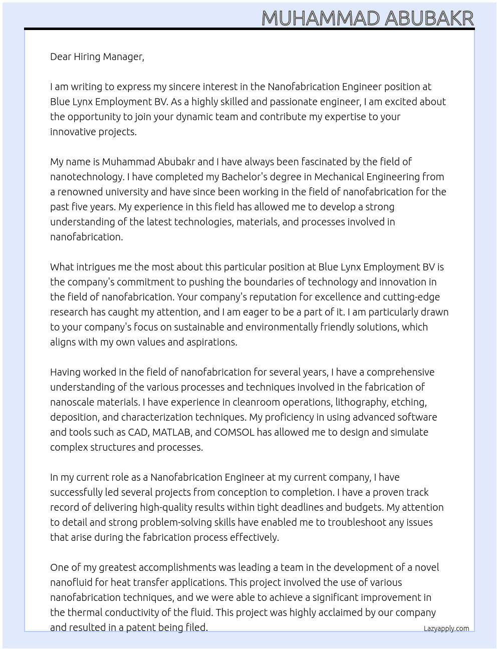 Nanofabrication Engineer At Blue Lynx Employment BV Cover Letter