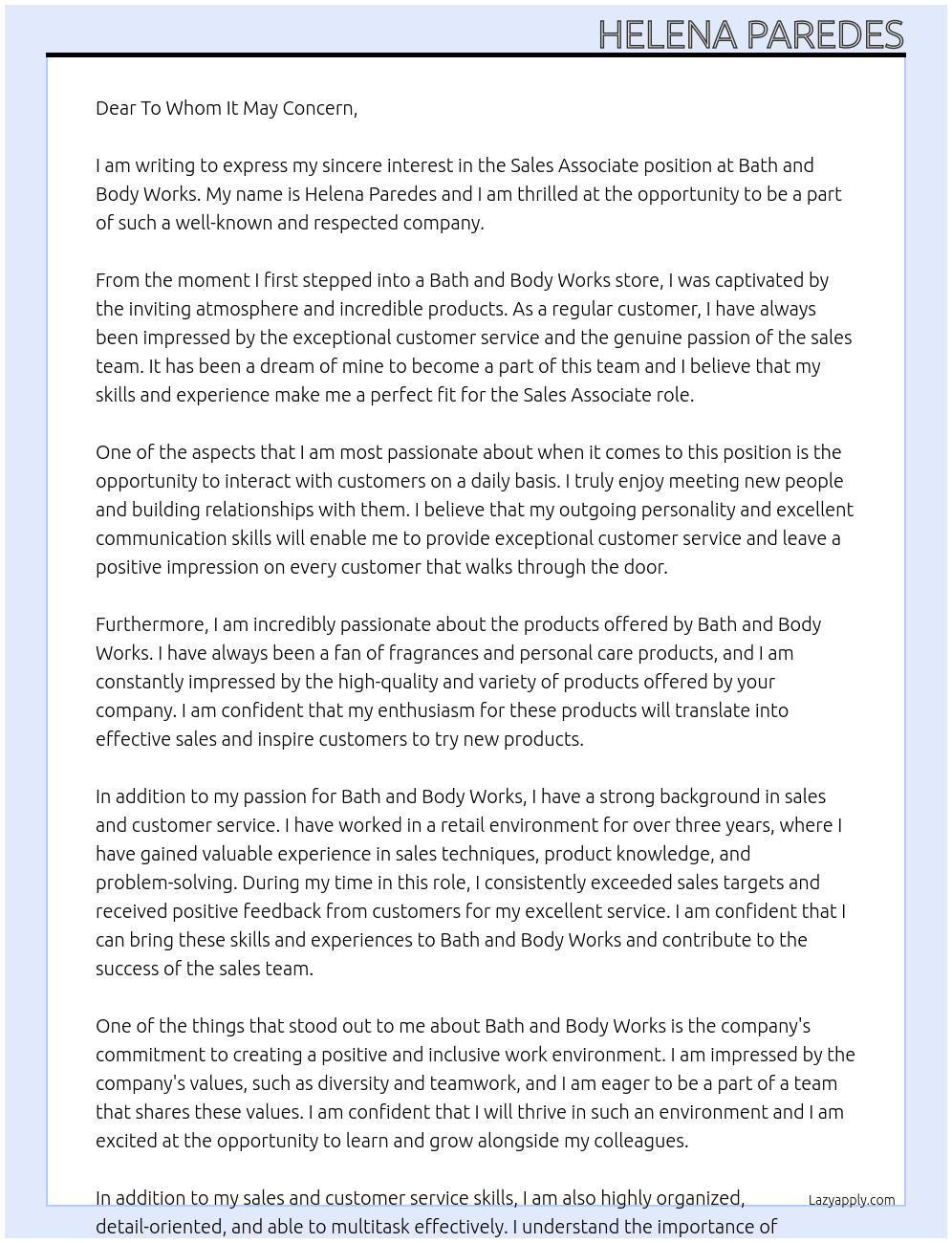 Sale Associate At Bath and Body Works Cover Letter