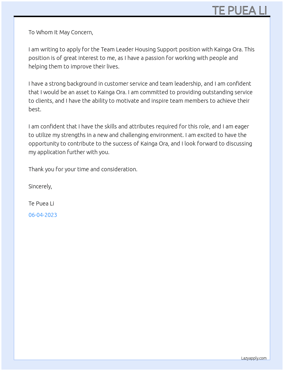 Team leader housing support At Kainga Ora Cover Letter
