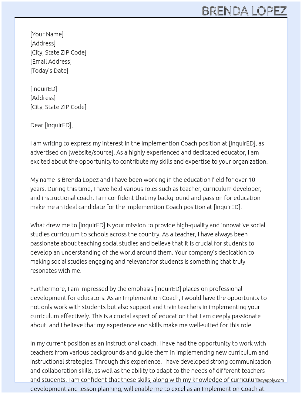 Implemention Coach At inquirED Cover Letter