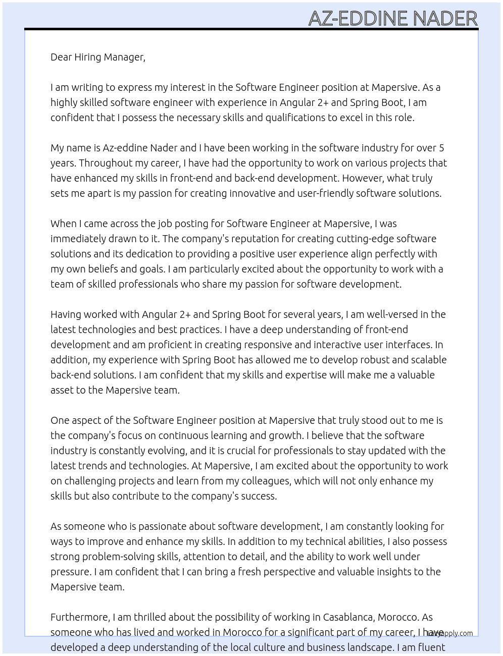 Software Engineer At Mapersive Cover Letter