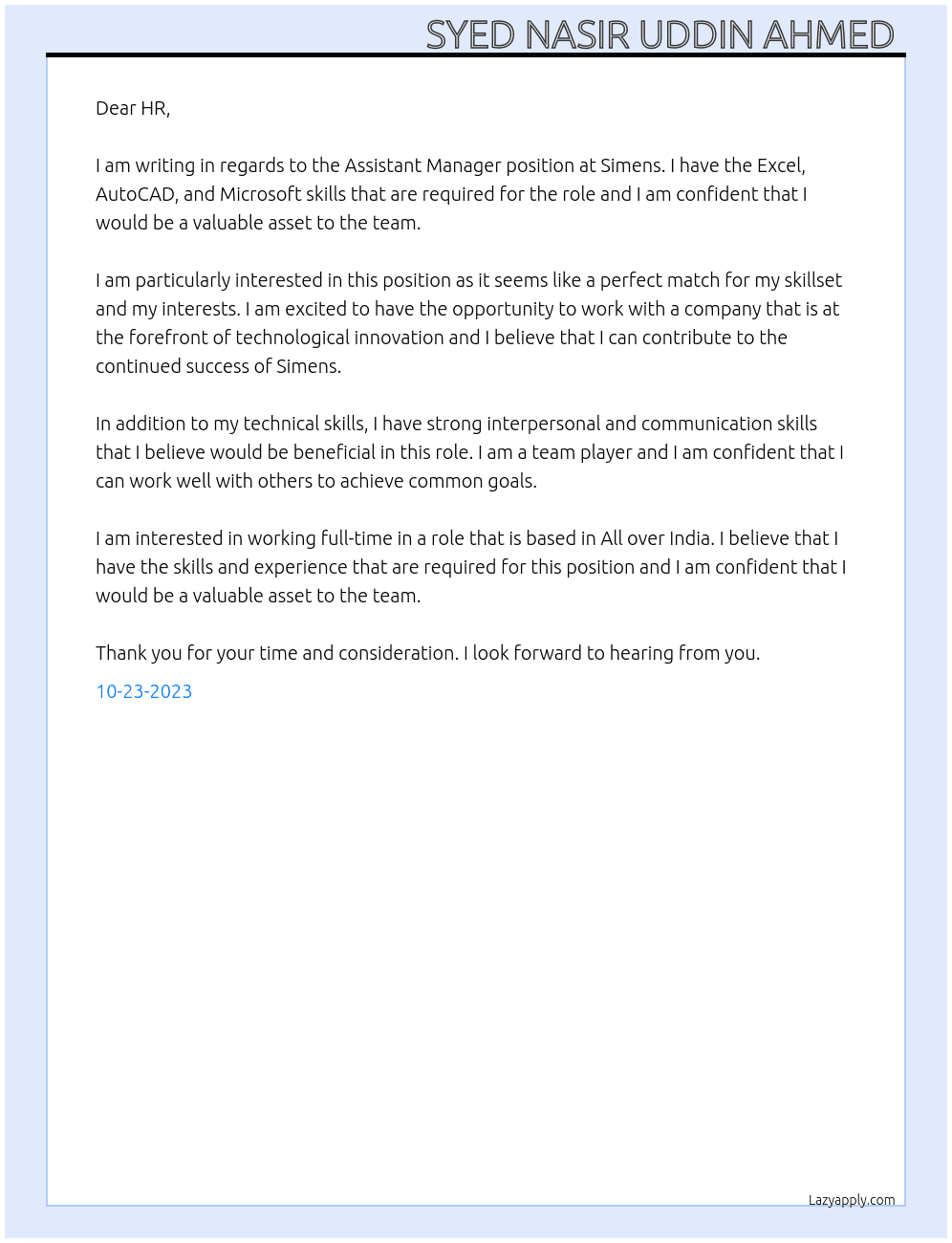 Assistant manager  At Simens  Cover Letter