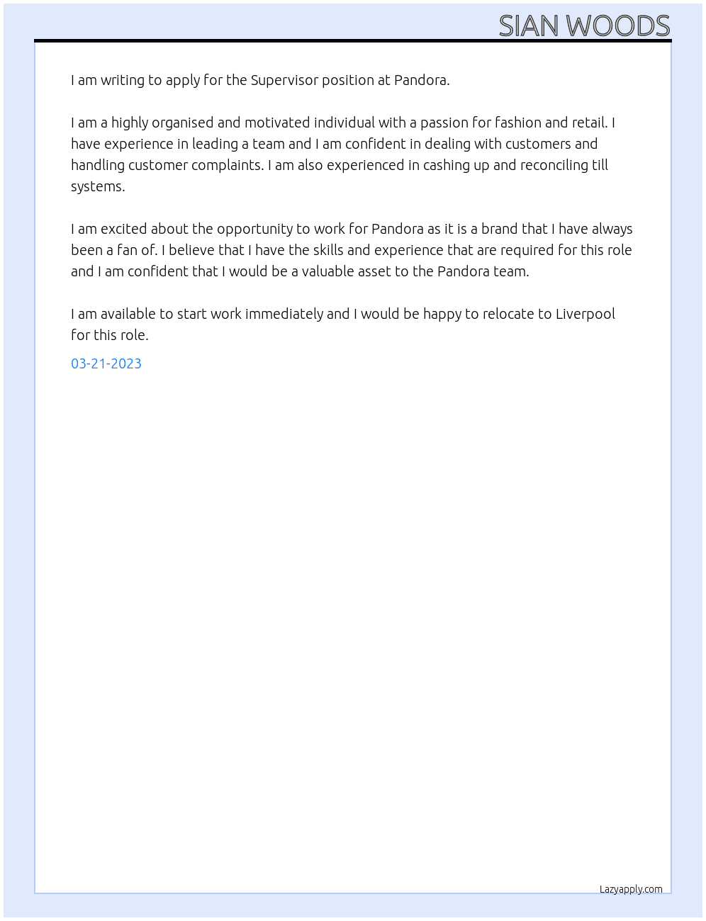 Supervisor At Pandora Cover Letter