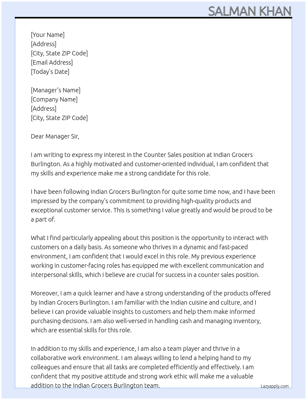 Counter sales At Indian Grocers Burlington Cover Letter