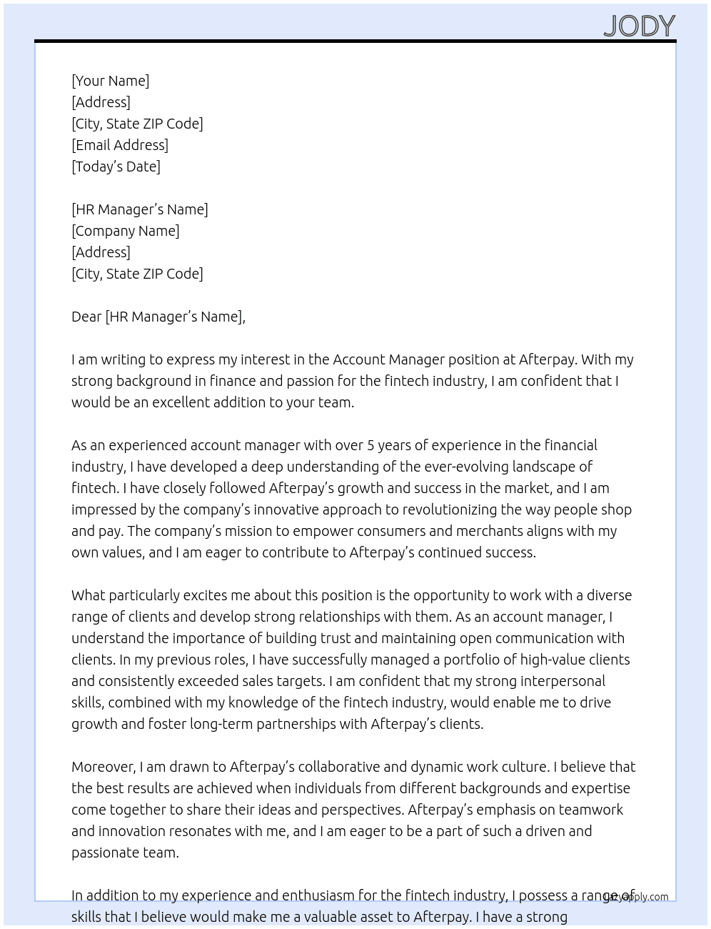 account manager in fintech At Afterpay Cover Letter