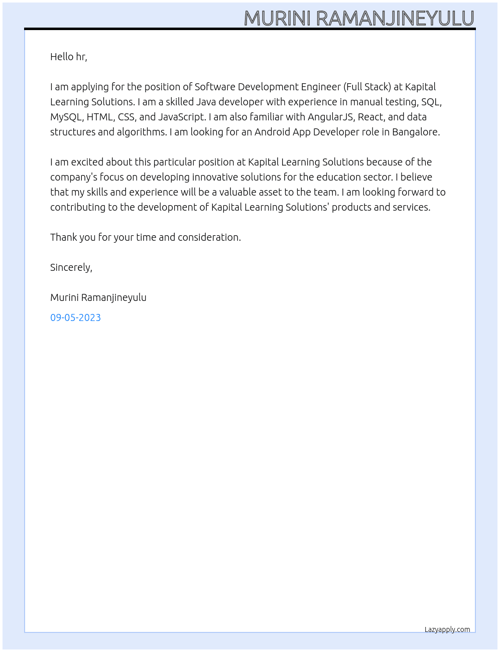Software Development Engineer (Full Stack) At Kapital Learning Solutions Cover Letter