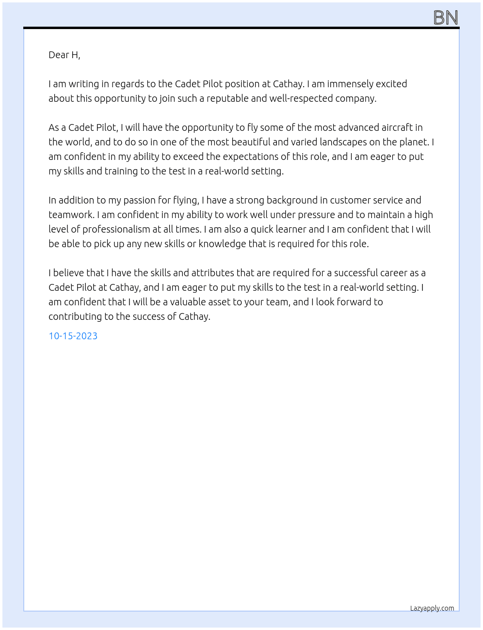 Cadet Pilot At cathay Cover Letter