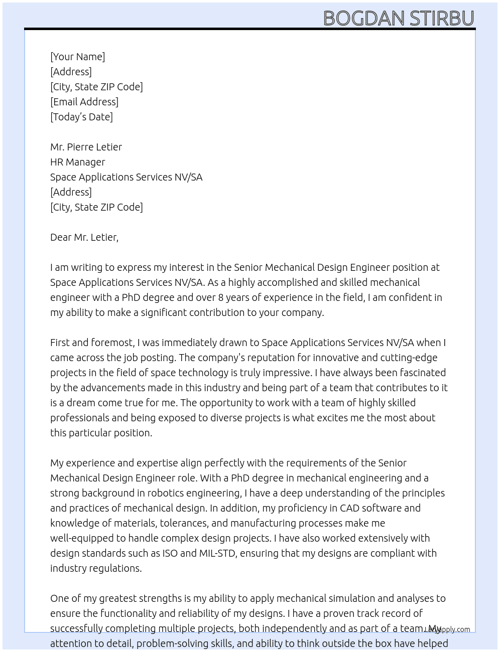 Senior Mechanical Design Engineer At Space Applications Services NV/SA Cover Letter