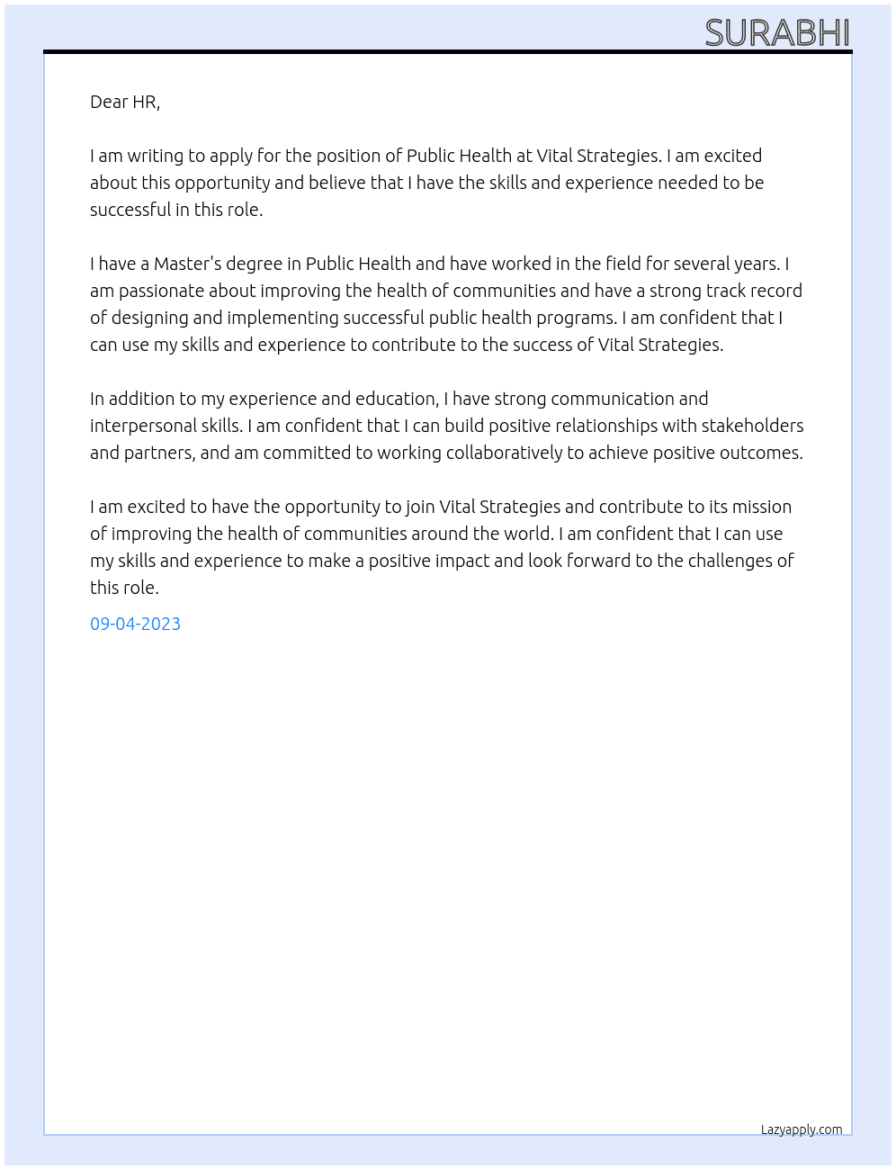 PUBLIC HEALTH At VITAL STRATEGIES Cover Letter
