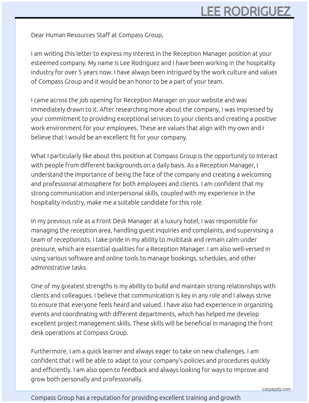 Reception manager  At Compass Group Cover Letter