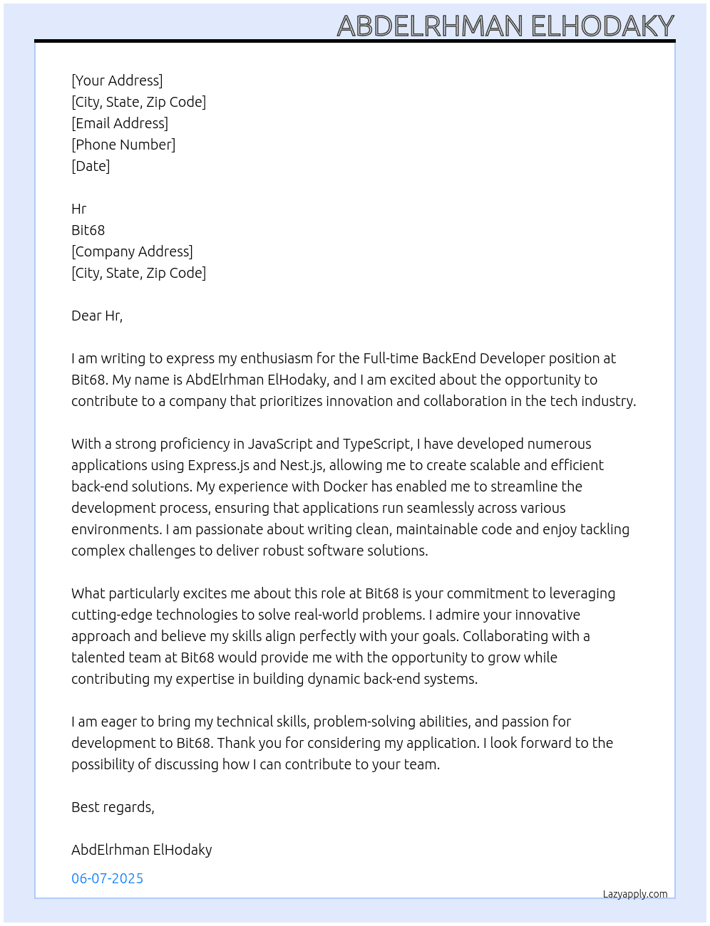 BackEnd Dev  At Bit68 Cover Letter