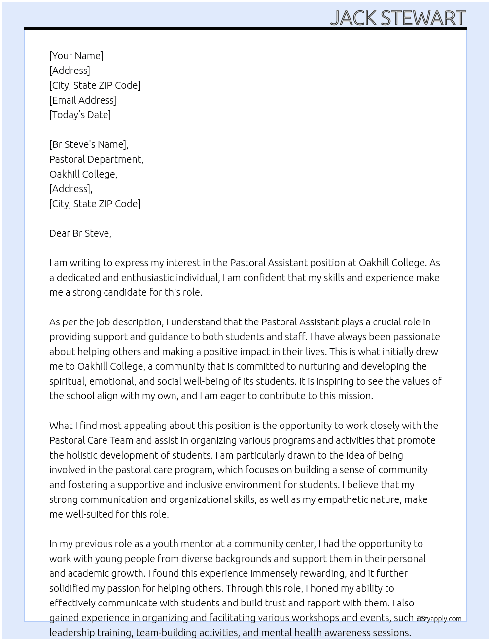 Pastoral Assistant At Oakhill College Cover Letter