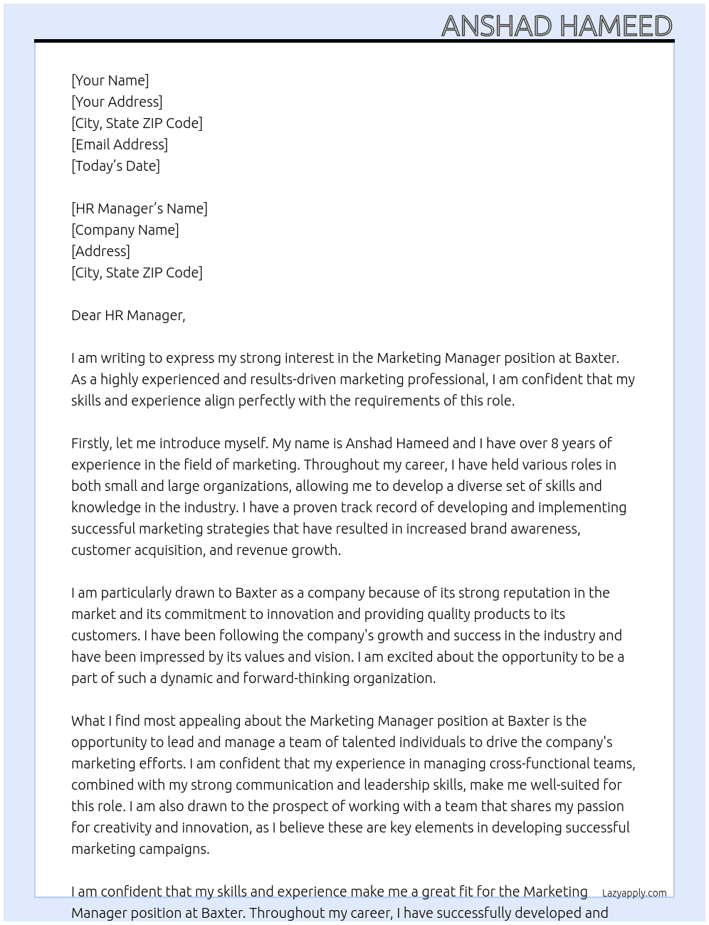 MARKETING MANAGER At BAXTER Cover Letter