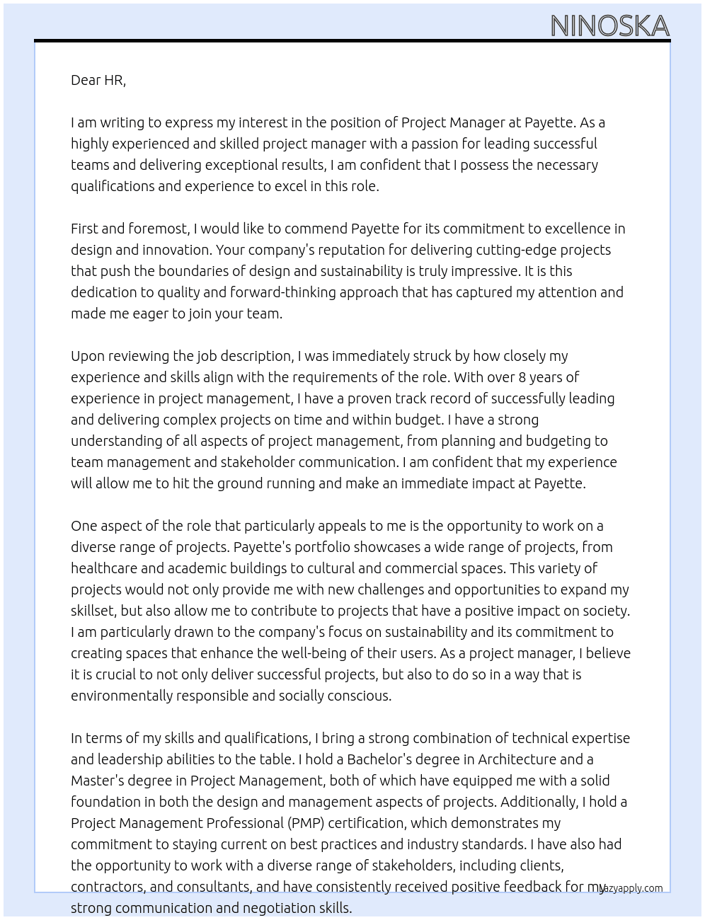 Project Manager At Payette Cover Letter