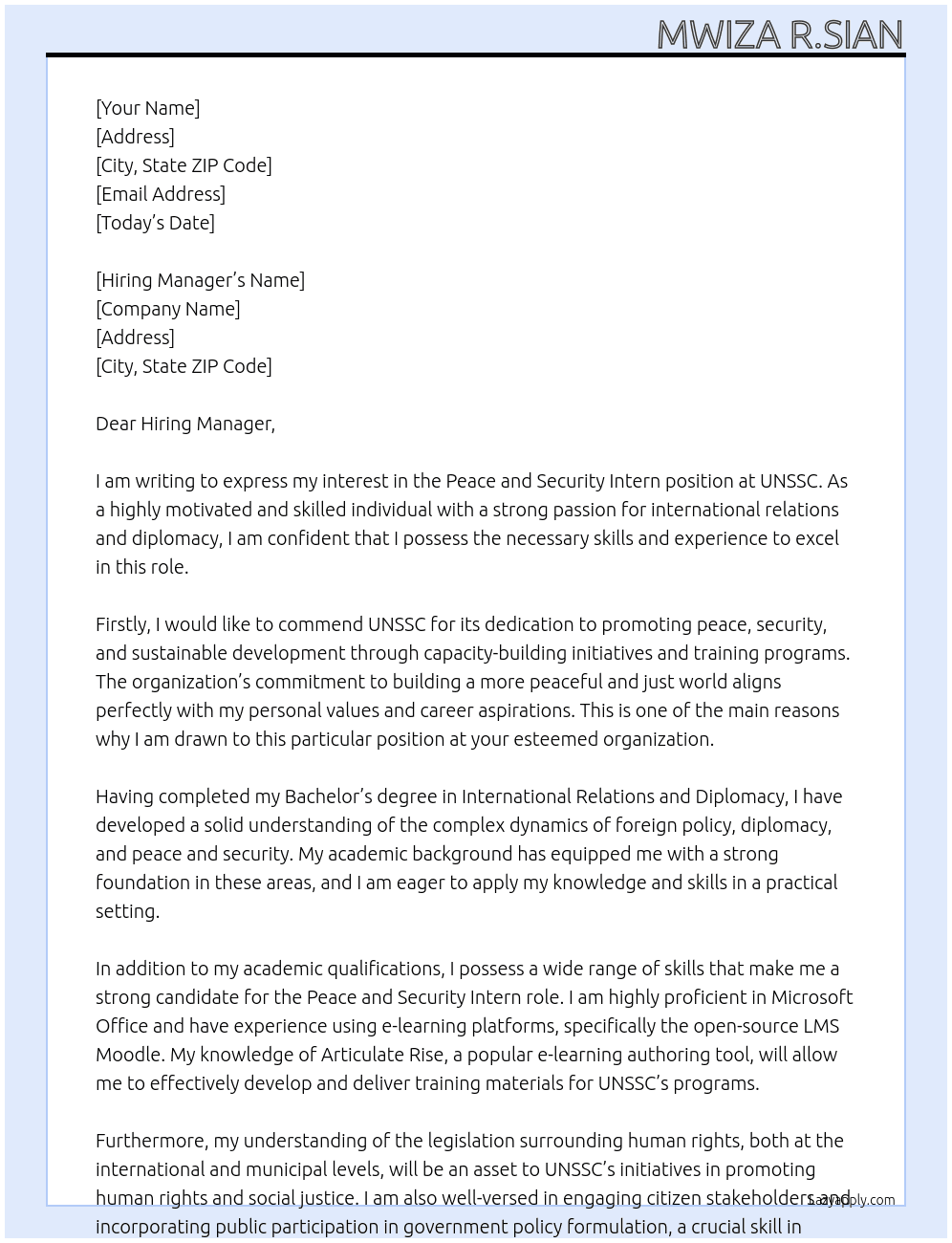 peace and security intern At UNSSC Cover Letter