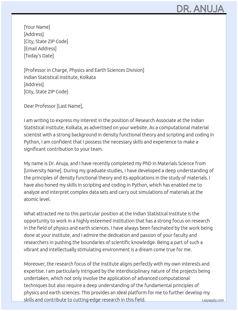 Resaerch Associate At Indian Statistical Institute, Kolkata Cover Letter