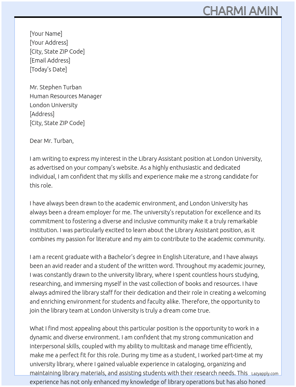 Library Assitant At London University  Cover Letter