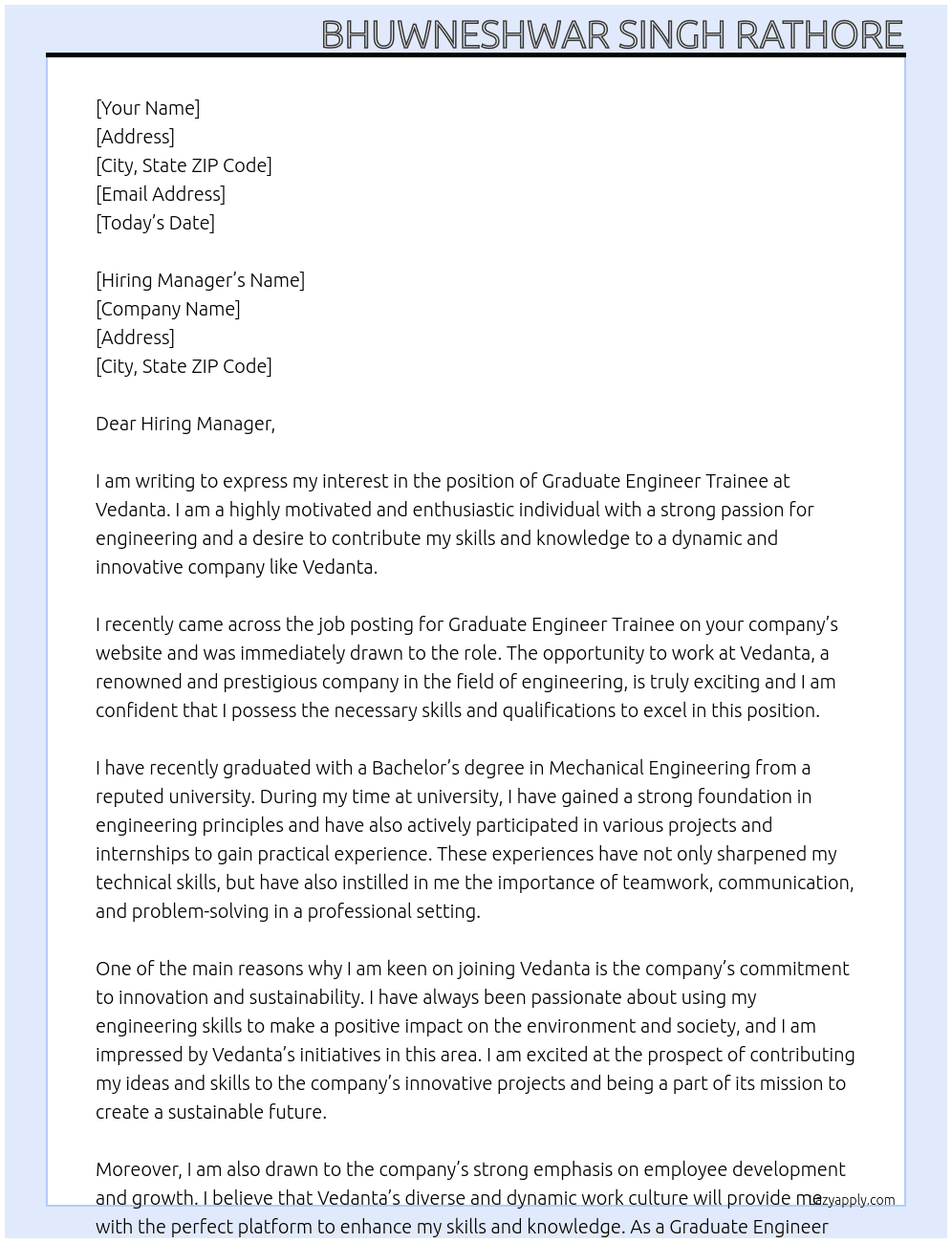 graduate engineer trainee At vedanta Cover Letter