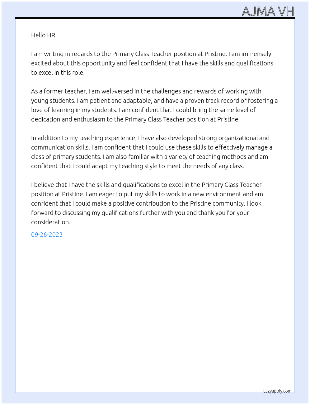 Primary Class Teacher At Pristine Cover Letter