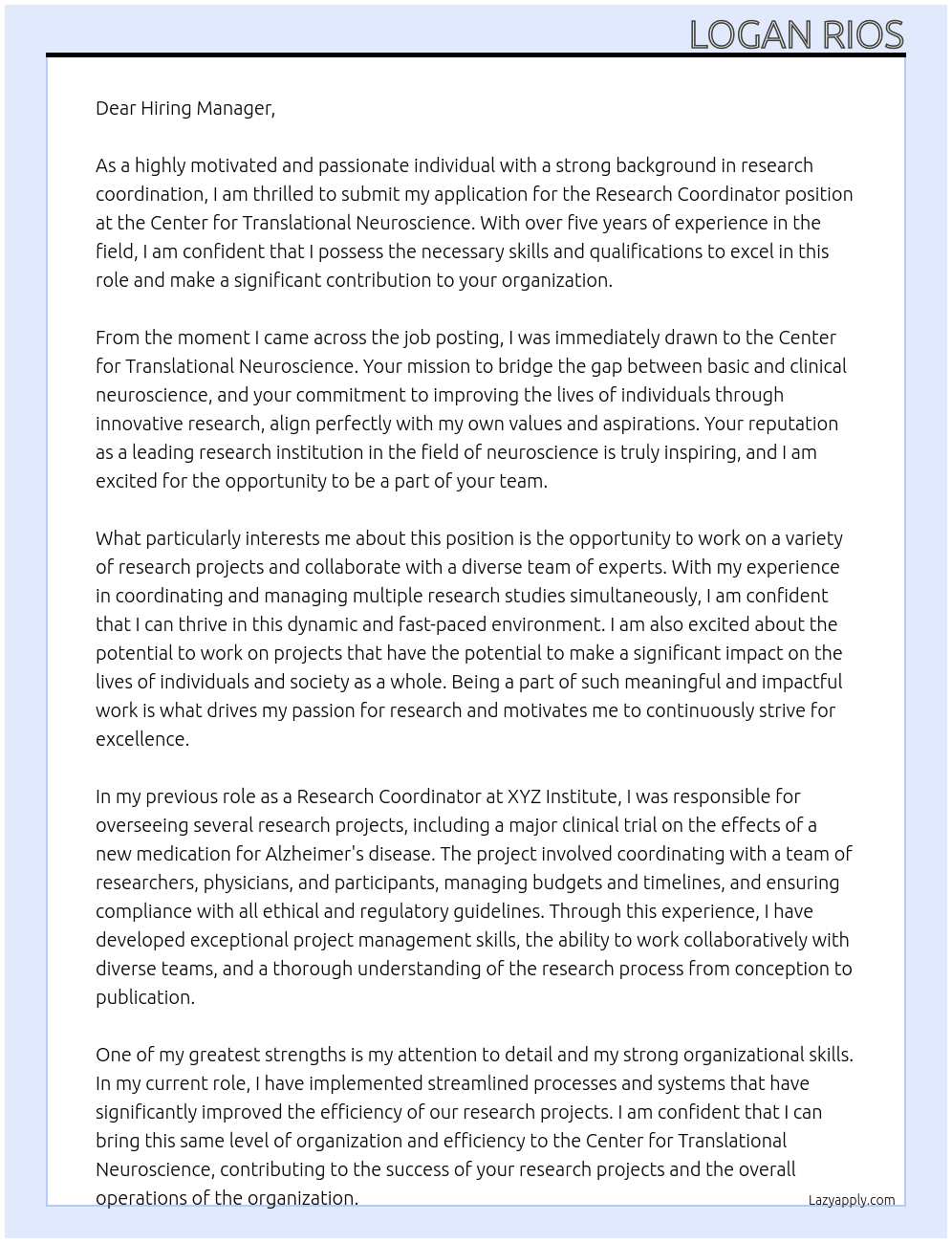 Research Coordinator At Center for Translational Neuroscience Cover Letter