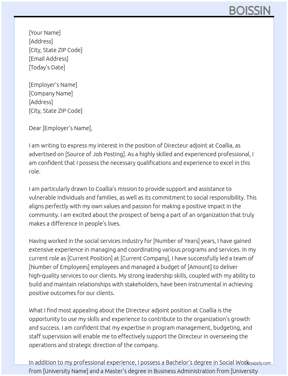 Directeur adjoint  At Coallia  Cover Letter