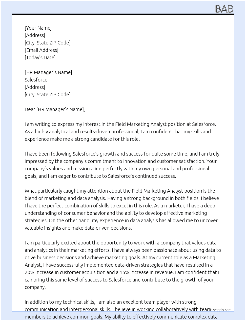 Field Marketing Analyst At Salesforce Cover Letter