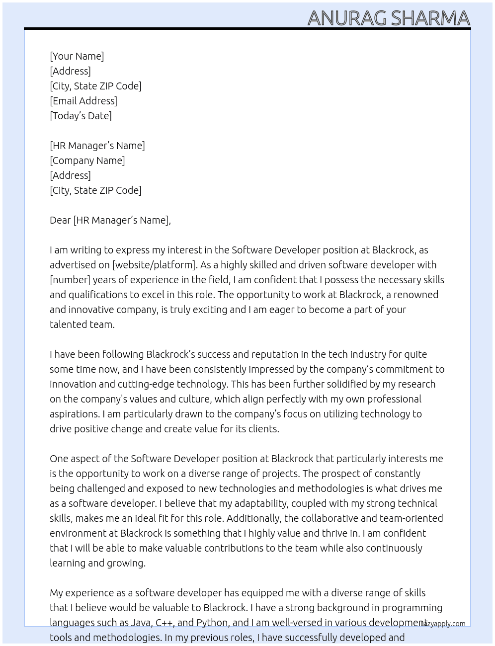 Software Developer At Blackrock Cover Letter