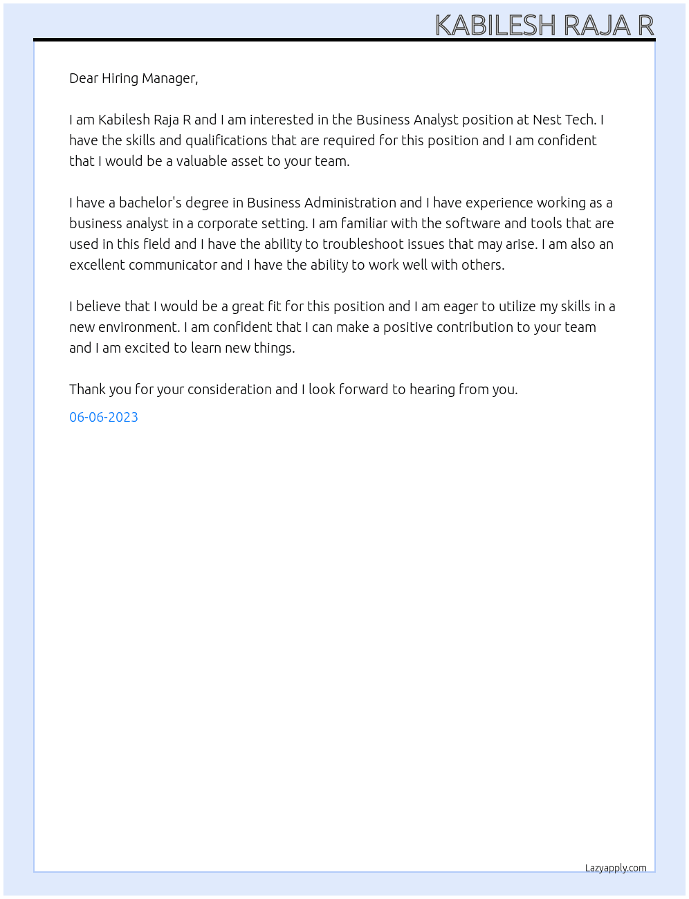 Business Analyst At Nest Tech Cover Letter
