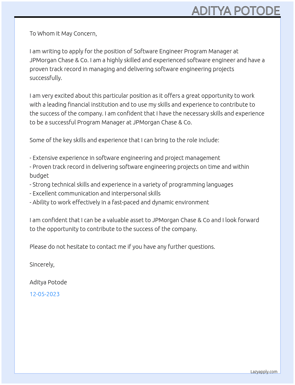 Software Engineer Program At JPMorgan Chase & Co Cover Letter