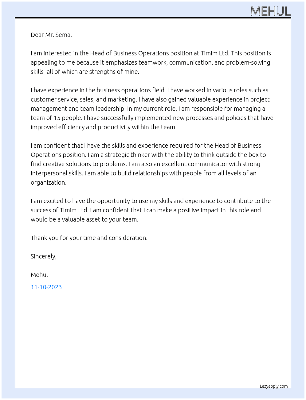 Head of Business Operations At Timim Ltd Cover Letter