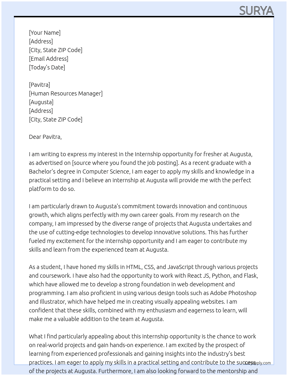 Internship opportunity for fresher At Augusta Cover Letter