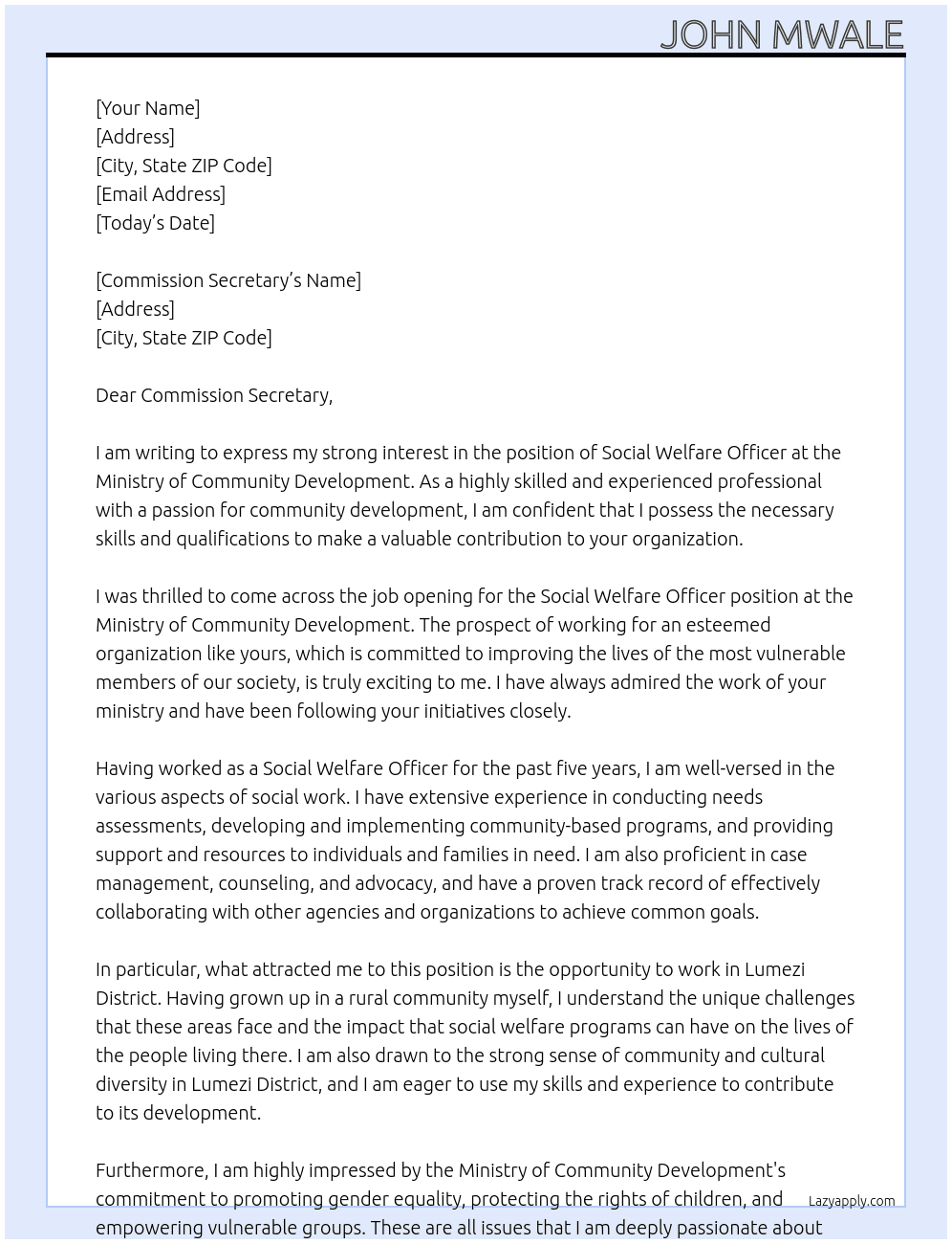 Social welfare officer At Ministry of community development Cover Letter