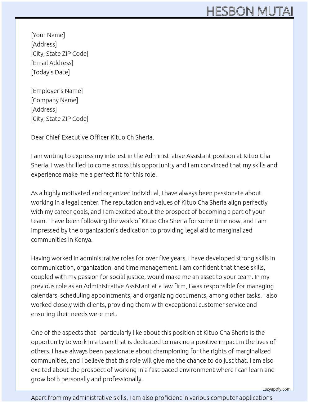 admnistrative assistant At kituo cha sheria Cover Letter