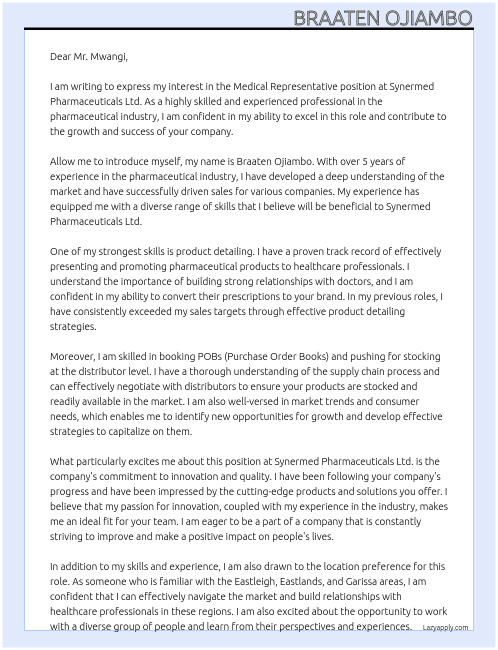 Cover letter for medical representative - LazyApply