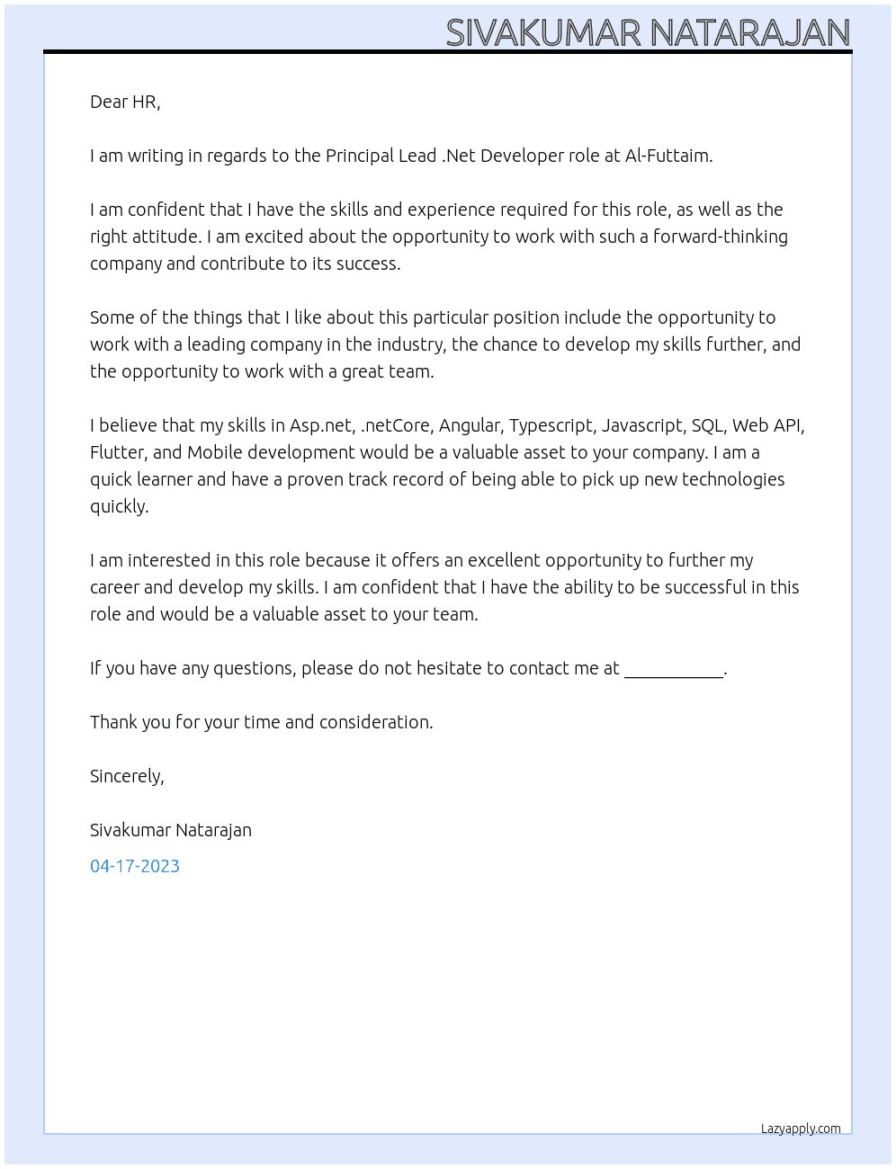 Principal Lead .Net Developer At Al-Futtaim Cover Letter