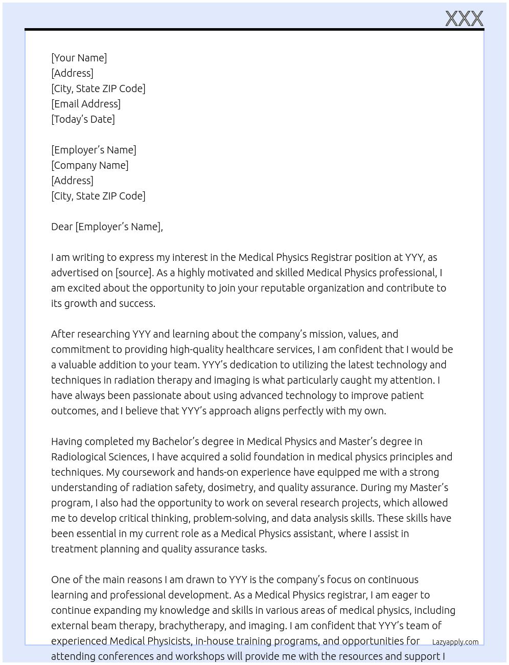 Medical Physics registrar At YYY Cover Letter