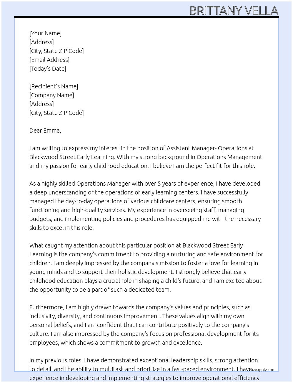 Assistant Manager- Operations At Blackwood Street Early Learning Cover Letter