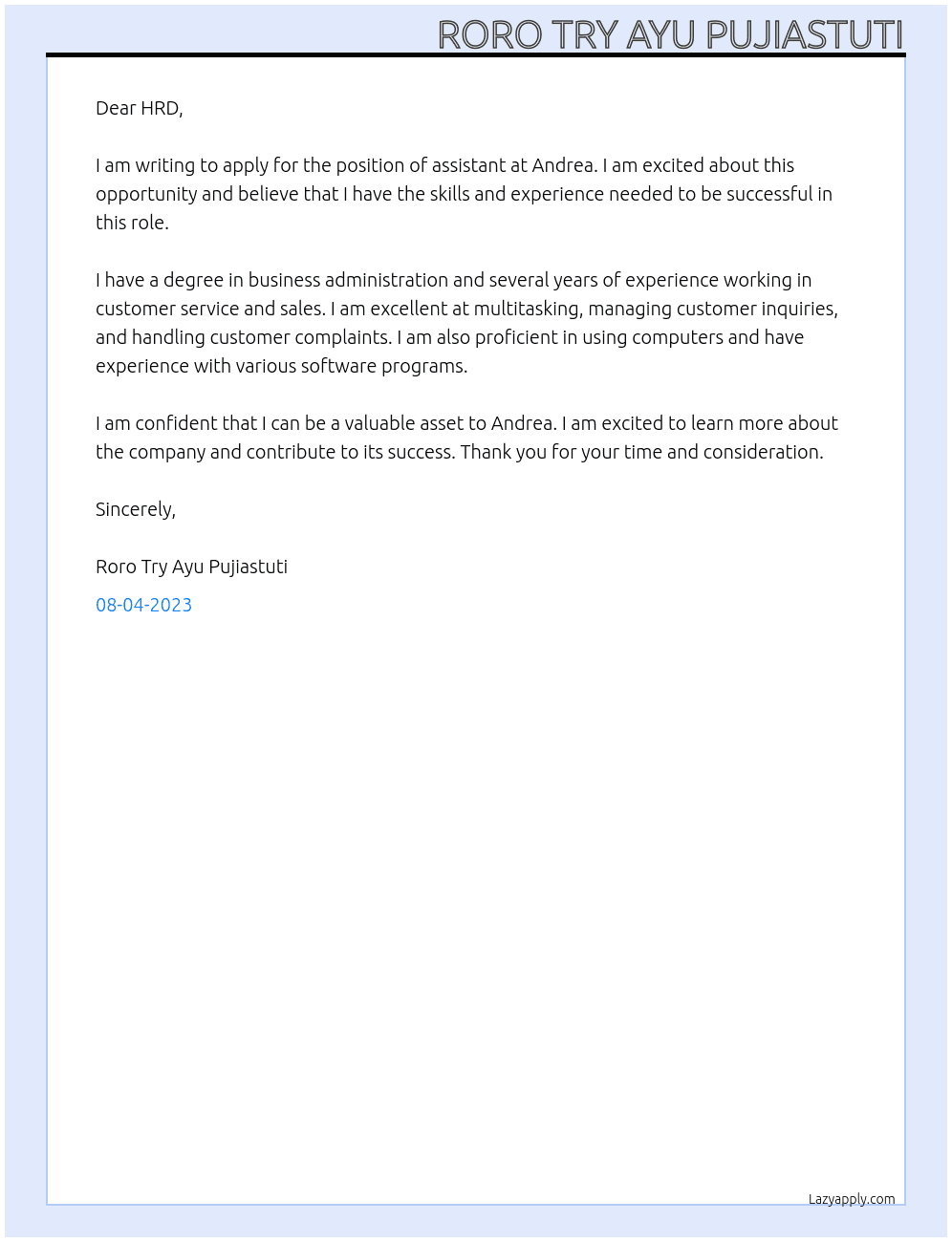 assinstant At andAndrea Cover Letter