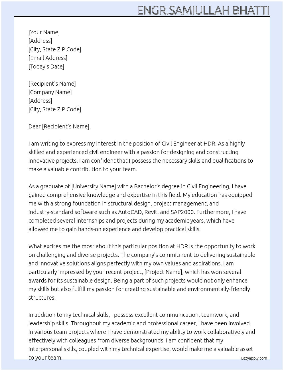 civil engineer At HDR Cover Letter