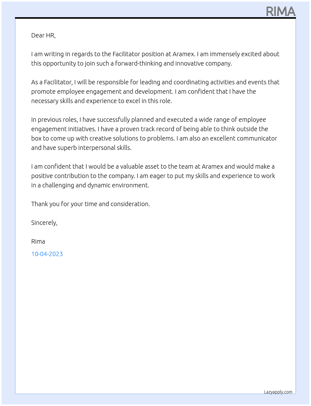 FAcilitator  At Aramex Cover Letter