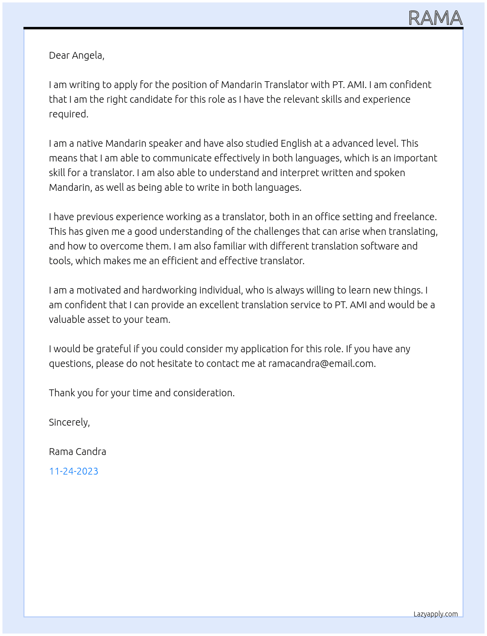 Mandarin Translator At PT. AMI Cover Letter