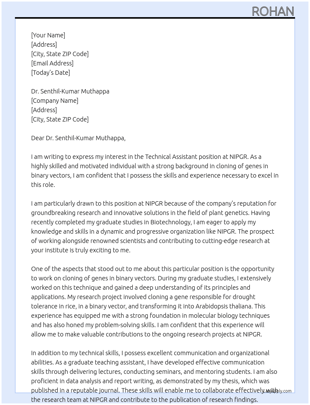 Technical assistant At NIPGR  Cover Letter