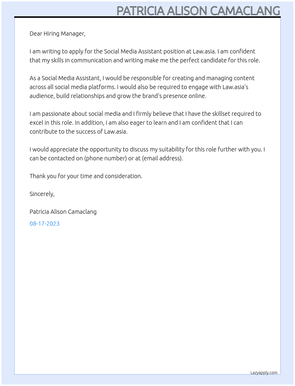 Social Media Assistant At Law.asia Cover Letter