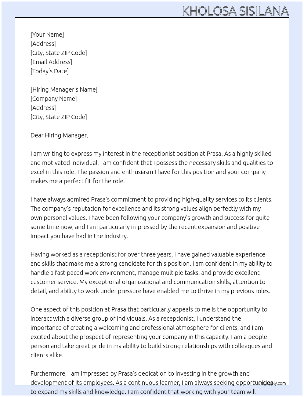 Receptionist At Prasa Cover Letter
