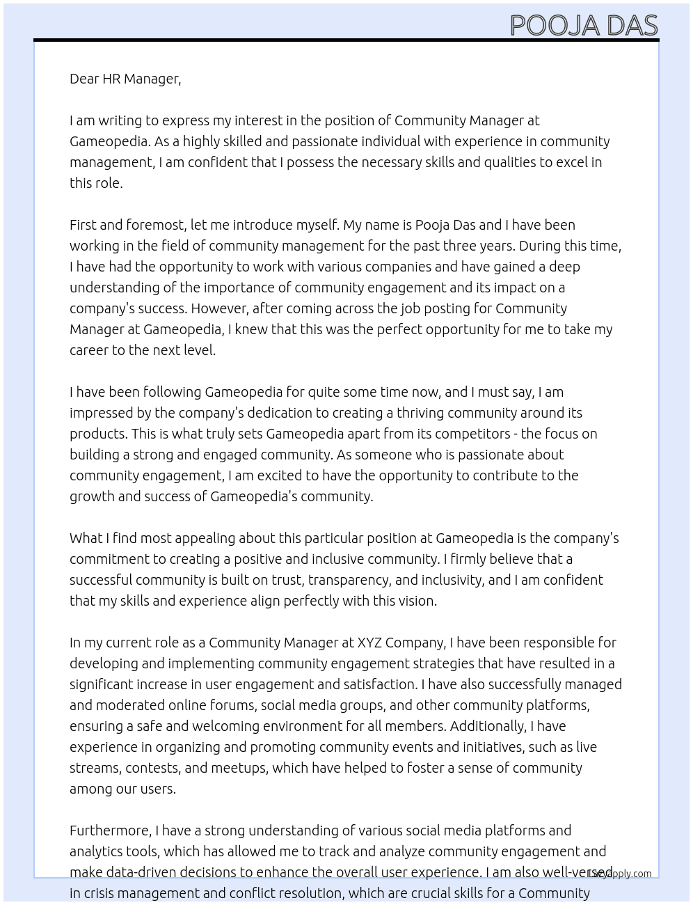 Community manager At Gameopedia Cover Letter