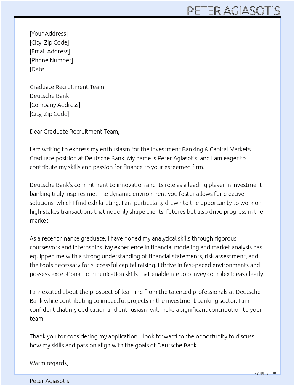 Investment Banking & Capital Markets Graduate At Deutsche Bank Cover Letter