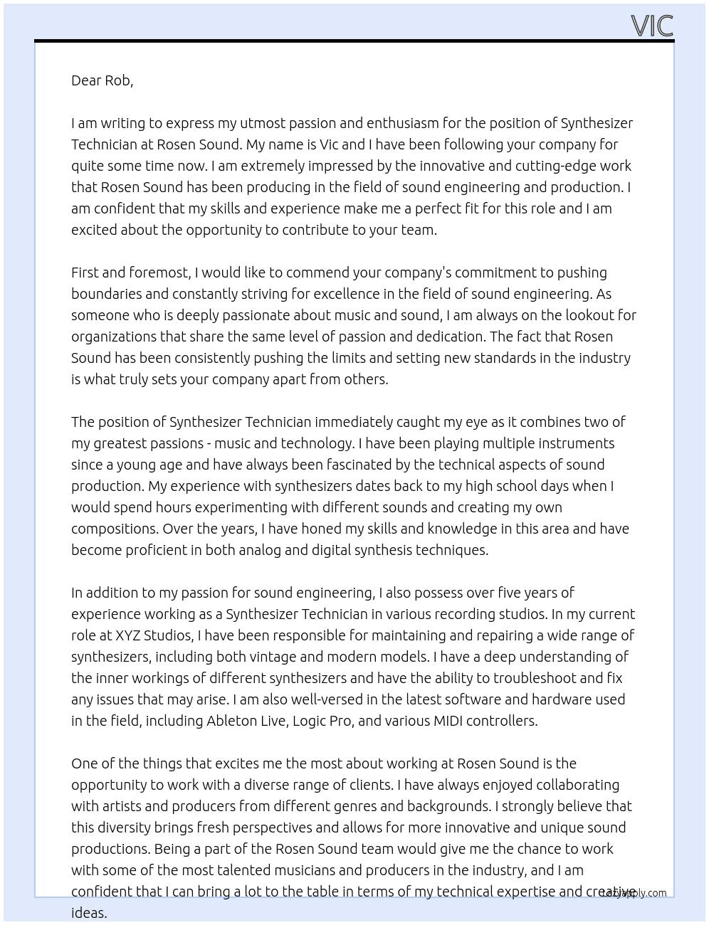 Synthesizer Technician At Rosen Sound Cover Letter
