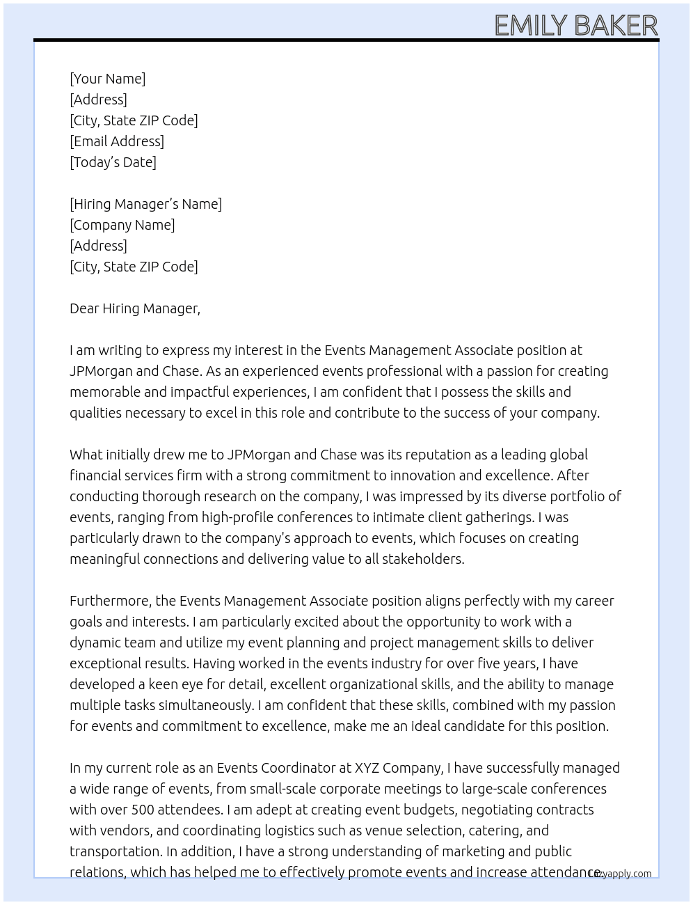 Events management associate At JPMorgan and Chase Cover Letter